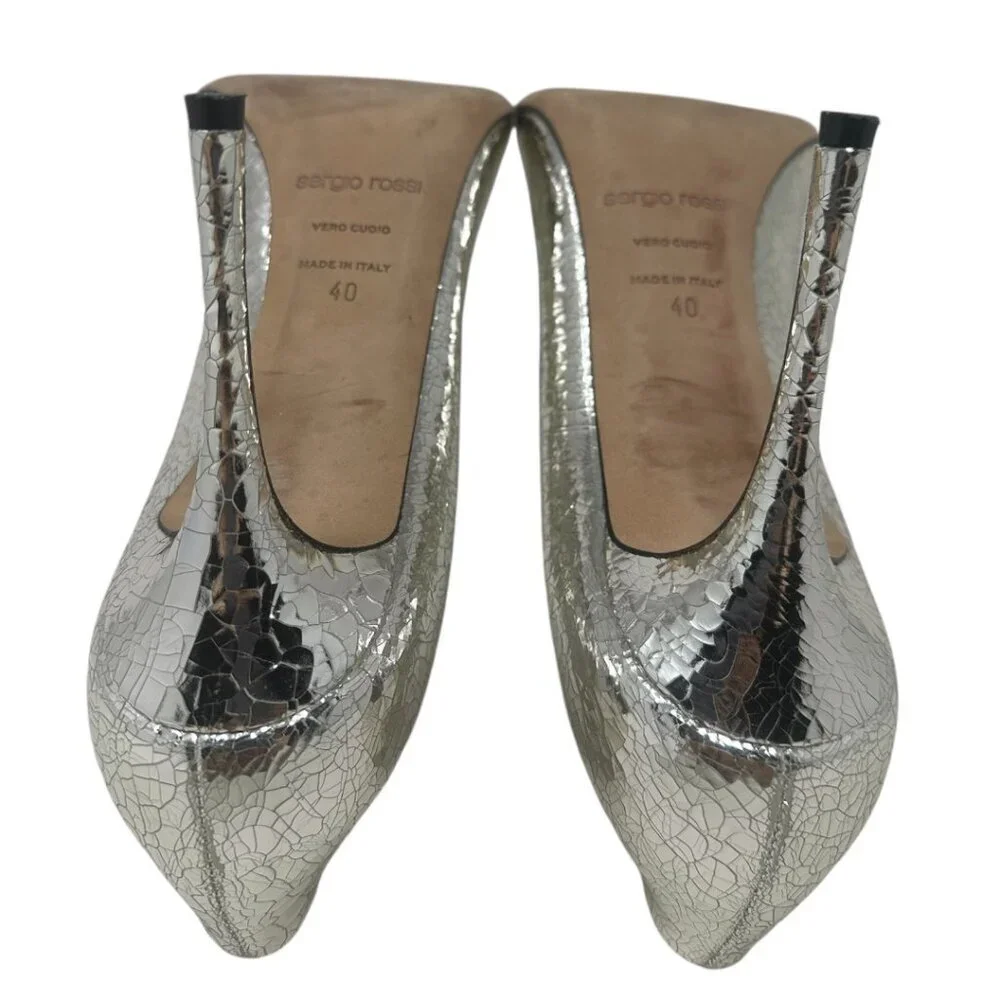 Sergio Rossi Godiva Platinum Mirror Grained Leather Pointed Toe 90mm Pumps 10